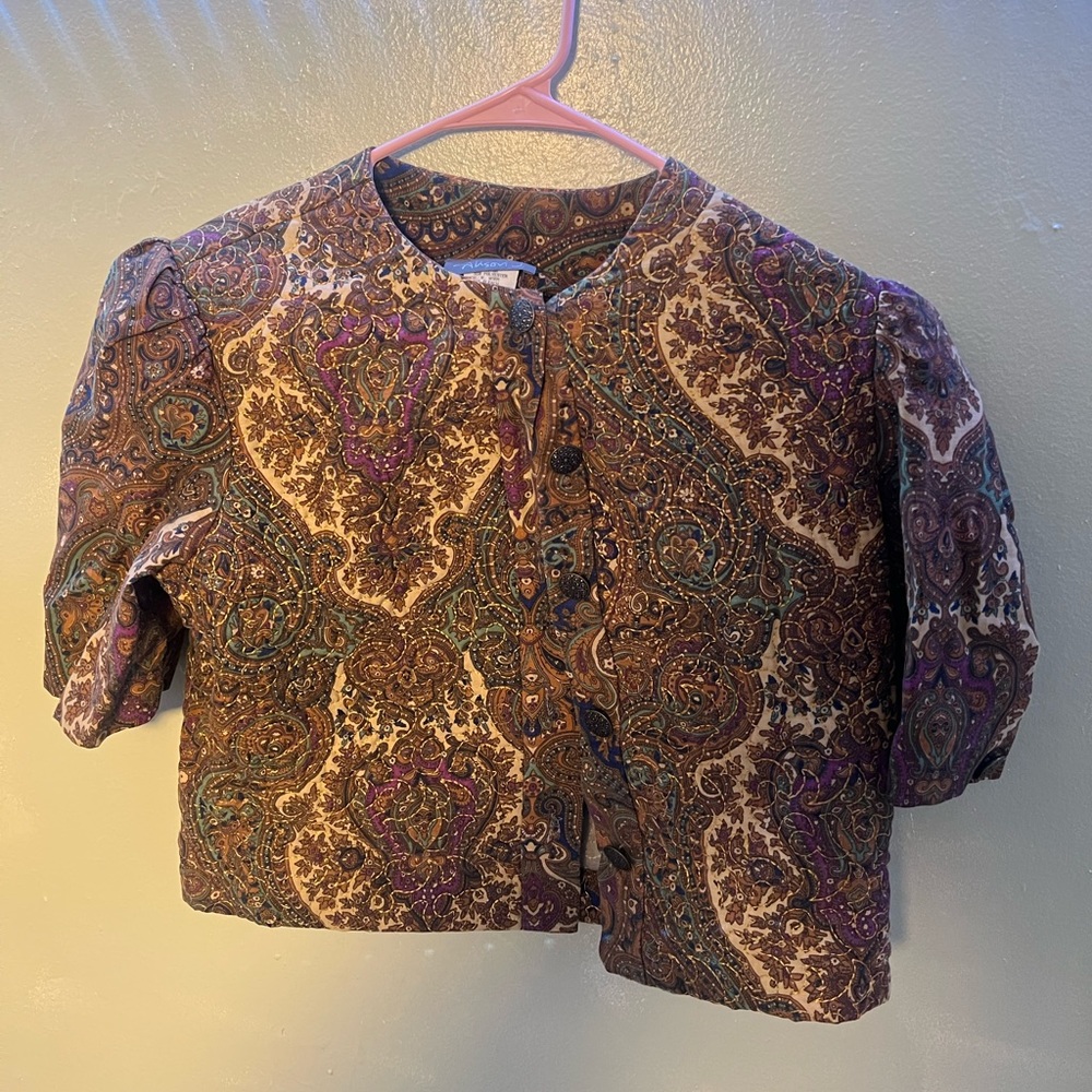 Alison J. Short sleeve paisley embroidered button up top